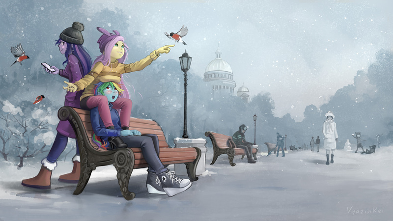 Size: 3840x2160 | Tagged: safe, artist:vyazinrei, derpibooru import, fluttershy, rainbow dash, twilight sparkle, bird, equestria girls, beanie, bench, blushing, boobhat, bullfinch, cathedral, clothes, converse, hat, image, jpeg, looking at someone, mobile phone, outdoors, park, phone, reaching, russia, shoes, sitting, smartphone, snow, snowfall, streetlight, tree, winter, winter outfit