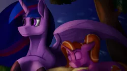 Size: 3840x2160 | Tagged: safe, artist:tenebrisnoctus, derpibooru import, luster dawn, princess twilight 2.0, twilight sparkle, twilight sparkle (alicorn), alicorn, pony, unicorn, the last problem, book, female, image, lying down, mama twilight, mare, night, png, prone, sleeping, smiling, teacher and student, wing blanket