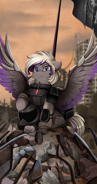 Size: 2209x4150 | Tagged: safe, artist:pridark, derpibooru import, oc, oc:lyum, unofficial characters only, pegasus, pony, fallout equestria, absurd resolution, armor, colored wings, commission, helmet, image, looking at you, multicolored wings, png, ruins, solo, steel ranger, wasteland, wings