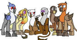 Size: 1897x1000 | Tagged: safe, artist:somber, derpibooru import, oc, oc:amalia silverwing, oc:carmelita galeforce, oc:isaac, oc:kasimir longtalons, oc:leigh, oc:serge swiftwing, unofficial characters only, gryphon, fallout equestria, colored, fallout equestria: longtalons, female, flat colors, group, gun, image, male, png, weapon