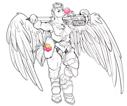 Size: 11811x9843 | Tagged: safe, artist:sourcherry, derpibooru import, oc, oc:mending sun, anthro, pegasus, unguligrade anthro, fallout equestria, armor, bubblegum, clothes, food, gum, gun, image, leaning back, muscles, png, power armor, scar, solo, tanktop, weapon, wings