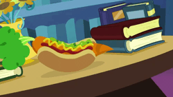Size: 1000x562 | Tagged: safe, derpibooru import, screencap, every little thing she does, bookshelf, bread, carrot, carrot dog, food, gif, image, indoors, ketchup, mustard, no pony, sauce, table