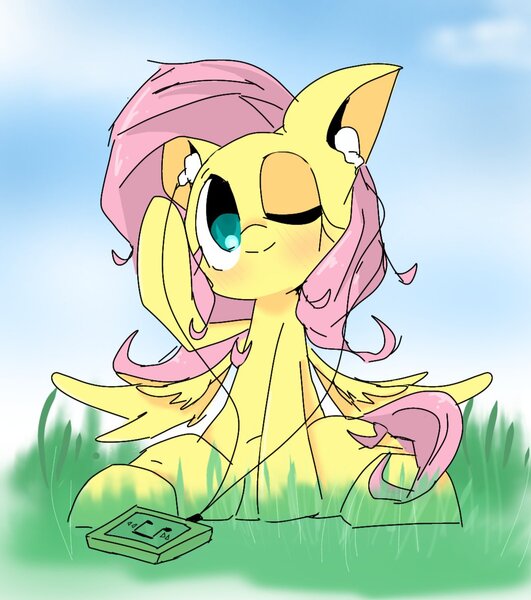 Size: 1080x1220 | Tagged: safe, artist:pnpn_721, derpibooru import, fluttershy, pegasus, pony, earbuds, female, full face view, grass, image, jpeg, looking at you, mare, mp3 player, music player, one eye closed, outdoors, raised hoof, sitting, smiling, solo, spread wings, wings