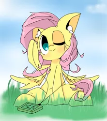 Size: 1080x1220 | Tagged: safe, artist:pnpn_721, derpibooru import, fluttershy, pegasus, pony, earbuds, female, full face view, grass, image, jpeg, looking at you, mare, mp3 player, music player, one eye closed, outdoors, raised hoof, sitting, smiling, solo, spread wings, wings