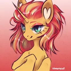 Size: 1000x1000 | Tagged: safe, artist:sombraset, derpibooru import, sunset shimmer, pony, unicorn, female, gradient background, image, mare, png, red background, redesign, signature, simple background, slit pupils, smiling, smirk, solo