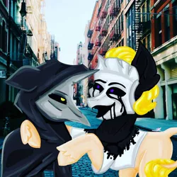 Size: 1000x1000 | Tagged: dead source, safe, artist:princess_skyresh_glow, derpibooru import, ponified, earth pony, goo, pony, black sclera, black tears, cloak, clothes, duo, image, jpeg, laughing, leonine tail, mask, mind control, outdoors, plague doctor, possessed, scp, scp-035, scp-049, side hug, unshorn fetlocks