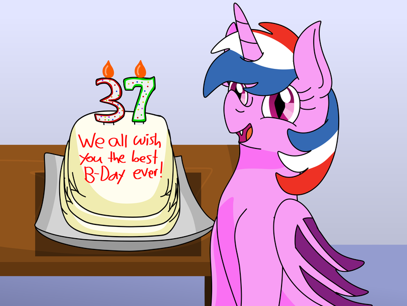 Size: 4030x3030 | Tagged: safe, artist:lynnthenerdkitty, derpibooru import, oc, oc:steel justice, alicorn, dracony, dragon, hybrid, pony, birthday, cake, commission, diaper, food, image, open mouth, png, smiling