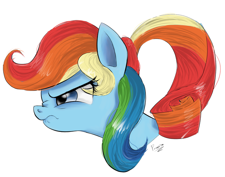 Size: 1794x1419 | Tagged: safe, artist:ponerino, derpibooru import, rainbow dash, rarity, pony, blue eyes, body swap, bust, colored, different hairstyle, digital art, frown, hair swap, image, let's switch bodies, nose wrinkle, png, portrait