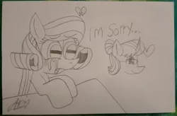 Size: 3496x2300 | Tagged: safe, artist:muhammad yunus, derpibooru import, oc, oc:annisa trihapsari, oc:hsu amity, unofficial characters only, alicorn, earth pony, pony, blushing, crying, female, glasses, heart, heartbreak, i can't believe it's not 徐詩珮, image, jpeg, mare, monochrome, open mouth, photo, sad, sorrow, sorry, traditional art