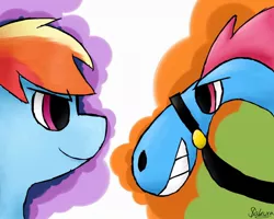 Size: 1024x820 | Tagged: safe, artist:sakura4free, derpibooru import, rainbow dash, pegasus, pony, crossover, duo, female, image, jpeg, sylvia, wander over yonder, zbornak