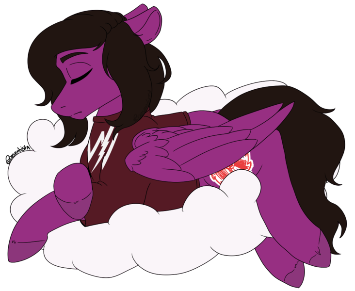 Size: 1062x870 | Tagged: safe, artist:rcdesenhista, derpibooru import, ponified, pegasus, pony, clothes, cloud, commission, crossed hooves, eyes closed, folded wings, image, lying down, male, pierce the veil, png, prone, shirt, signature, simple background, sleeping, solo, stallion, t-shirt, transparent background, vic fuentes, wings, ych result