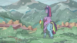 Size: 3840x2162 | Tagged: suggestive, artist:icychamber, derpibooru import, rainbow dash, twilight sparkle, pony, unicorn, butt, censored, female, image, mare, mosaic censor, mountain, mountain range, plot, png, ponies riding ponies, pony ride, riding, scenery, snow, snowfall, spurs, twilight riding rainbow dash, unicorn twilight