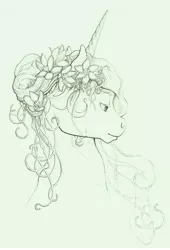 Size: 9116x13424 | Tagged: safe, artist:lady-limule, derpibooru import, oc, oc:starry dreams, unofficial characters only, pony, unicorn, bust, flower, flower in hair, grayscale, horn, image, jpeg, lineart, monochrome, traditional art, unicorn oc