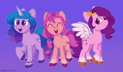 Size: 2154x1272 | Tagged: safe, artist:halfrobin, derpibooru import, izzy moonbow, pipp petals, sunny starscout, earth pony, pegasus, pony, unicorn, adorapipp, bracelet, braid, cute, eyes closed, female, g5, image, izzybetes, jewelry, mare, open mouth, png, purple background, raised hoof, signature, simple background, smiling, sunnybetes, unshorn fetlocks, wings