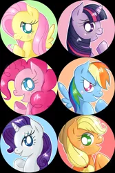 Size: 1024x1536 | Tagged: safe, artist:inumocchi, derpibooru import, applejack, fluttershy, pinkie pie, rainbow dash, rarity, twilight sparkle, earth pony, pegasus, pony, unicorn, bust, female, image, jpeg, mane six, mare, open mouth, pins, portrait, profile, smiling, unicorn twilight