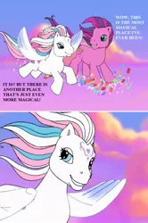 Size: 640x964 | Tagged: safe, derpibooru import, screencap, skywishes, star catcher, butterfly, earth pony, insect, pegasus, pony, dancing in the clouds, female, flying, g3, image, jpeg, lidded eyes, looking at each other, mare, smiling, talking, template, wind, windswept mane