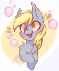 Size: 1095x1325 | Tagged: safe, artist:drawtheuniverse, derpibooru import, derpy hooves, pony, blushing, bubble, bust, cheek fluff, chest fluff, colored pupils, cute, derpabetes, ear fluff, female, image, jpeg, mare, open mouth, smiling, solo