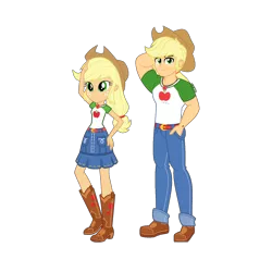 Size: 1316x1316 | Tagged: safe, artist:orin331, derpibooru import, edit, applejack, equestria girls, equestria girls series, applejack (male), arm behind head, belt, boots, clothes, cowboy, cowboy boots, cowgirl, cutie mark, cutie mark on clothes, equestria guys, female, geode of super strength, hand on hip, handsome, image, jeans, magical geodes, male, pants, png, r63 paradox, rule 63, self paradox, shirt, shoes, simple background, skirt, smiling, transparent background
