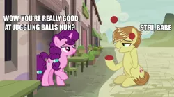 Size: 900x503 | Tagged: suggestive, derpibooru import, edit, edited screencap, screencap, feather bangs, sugar belle, earth pony, pony, unicorn, hard to say anything, caption, image, image macro, juggling, png, text