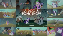 Size: 1970x1109 | Tagged: safe, derpibooru import, edit, edited screencap, editor:quoterific, screencap, applejack, fido, fluttershy, pinkie pie, rainbow dash, rarity, rover, spike, spot, twilight sparkle, diamond dog, dragon, earth pony, pegasus, pony, unicorn, a dog and pony show, beefspike, diamond dog guard, female, image, male, mane six, mare, png, spear, unicorn twilight, weapon