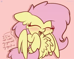 Size: 3250x2560 | Tagged: safe, artist:kimjoman, derpibooru import, fluttershy, pegasus, pony, blatant lies, blushing, bust, cheek fluff, chest fluff, cute, daaaaaaaaaaaw, dialogue, ear fluff, eyes closed, female, floppy ears, fluffyshy, heart, hooves to the chest, i'm not cute, image, impossibly large chest fluff, jpeg, mare, no u, open mouth, pink background, raised hoof, shyabetes, simple background, smiling, solo, spread wings, three quarter view, weapons-grade cute, wings