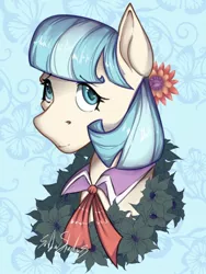 Size: 1076x1432 | Tagged: safe, artist:sombershadows, derpibooru import, coco pommel, earth pony, pony, bust, female, image, jpeg, looking at you, mare, portrait, simple background, solo