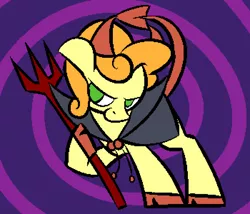 Size: 1400x1200 | Tagged: safe, artist:skookz, derpibooru import, carrot top, golden harvest, earth pony, pony, cloak, clothes, cloven hooves, costume, devil, devil horns, devil tail, female, floppy ears, halloween, halloween costume, holiday, image, mare, mischievous, nightmare night, nightmare night costume, pitchfork, png, simple background, solo