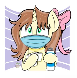 Size: 2784x2814 | Tagged: artist needed, safe, derpibooru import, oc, oc:cinnamon stick, unofficial characters only, pony, unicorn, accessories, bow, coronavirus, covid-19, disinfectant spray, face mask, female, image, mask, png, toilet paper