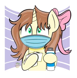 Size: 2784x2814 | Tagged: artist needed, safe, derpibooru import, oc, oc:cinnamon stick, unofficial characters only, pony, unicorn, accessories, bow, covid-19, disinfectant spray, face mask, female, image, mask, png, toilet paper