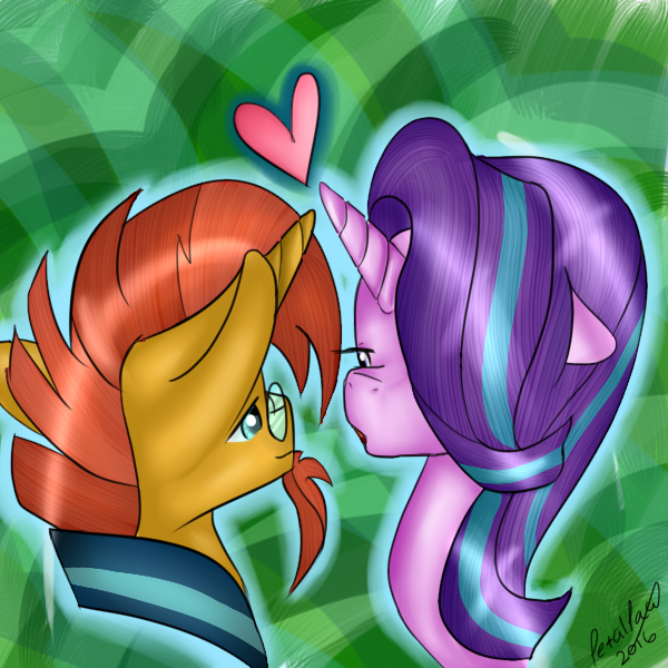 Size: 600x600 | Tagged: safe, artist:petalpawpaint, derpibooru import, starlight glimmer, sunburst, pony, unicorn, abstract background, bust, female, heart, image, kissy face, looking at each other, male, png, shipping, signature, starburst, straight