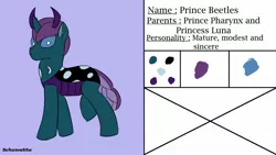 Size: 1280x720 | Tagged: safe, artist:schumette14, derpibooru import, oc, oc:beetles, unofficial characters only, changeling, changepony, hybrid, pony, image, jpeg, next generation, offspring, parent:pharynx, parent:princess luna, parents:lunarynx