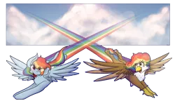 Size: 1280x791 | Tagged: safe, artist:mscolorsplash, derpibooru import, rainbow dash, oc, oc:rainbow feather, hippogriff, pegasus, pony, duo, female, flying, image, interspecies offspring, magical lesbian spawn, mare, mother and child, mother and daughter, offspring, parent:gilda, parent:rainbow dash, parents:gildash, png, simple background, transparent background