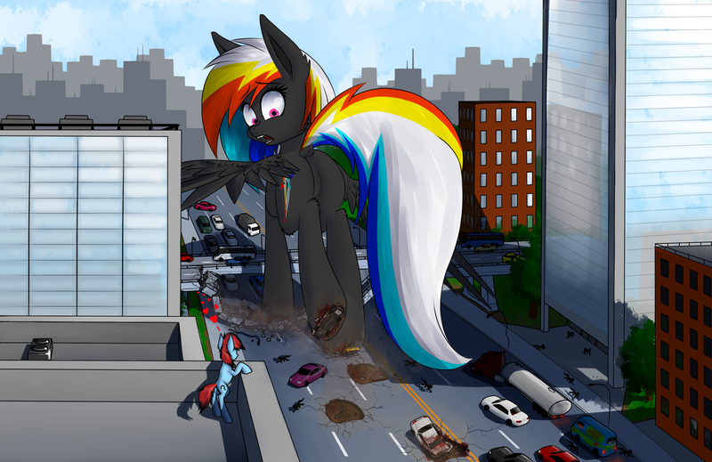 Size: 2560x1660 | Tagged: semi-grimdark, artist:skanim-sdw, derpibooru import, oc, oc:darky wings, oc:genka, unofficial characters only, earth pony, pegasus, pony, blood, butt, car, city, commission, crush, crushed, crushing, destruction, female, giantess, heart, image, looking back, macro, mare, micro, plot, png, scared, squished, stomp, underhoof, wings
