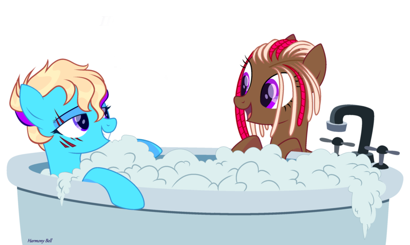 Size: 3096x1855 | Tagged: safe, alternate version, artist:al-lat, derpibooru import, oc, oc:june blaze, oc:machiko, unofficial characters only, earth pony, pegasus, pony, bath, bathtub, bedroom eyes, bubble, commission, eye scar, eyebrow piercing, female, grin, image, lesbian, looking at each other, oc x oc, open mouth, piercing, png, scar, shipping, simple background, smiling, soap bubble, transparent background, water, ych result