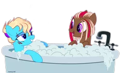 Size: 3096x1855 | Tagged: safe, alternate version, artist:al-lat, derpibooru import, oc, oc:june blaze, oc:machiko, unofficial characters only, earth pony, pegasus, pony, bath, bathtub, bedroom eyes, bubble, commission, eye scar, eyebrow piercing, female, grin, image, lesbian, looking at each other, oc x oc, open mouth, piercing, png, scar, shipping, simple background, smiling, soap bubble, transparent background, water, ych result