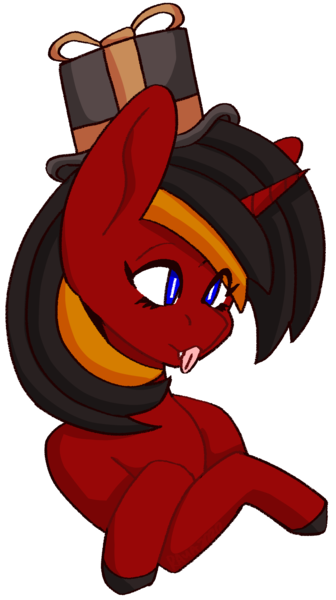 Size: 1178x2106 | Tagged: safe, artist:raya, derpibooru import, oc, oc:red flame, bat pony, pony, unicorn, :p, commission, crossed hooves, hat, horn, image, no wing, png, pointed ears, simple background, smiling, solo, team fortress 2, tongue out, top hat, transparent background, wingless