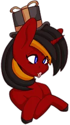 Size: 1178x2106 | Tagged: safe, artist:raya, derpibooru import, oc, oc:red flame, bat pony, pony, unicorn, :p, commission, crossed hooves, hat, horn, image, no wing, png, pointed ears, simple background, smiling, solo, team fortress 2, tongue out, top hat, transparent background, wingless