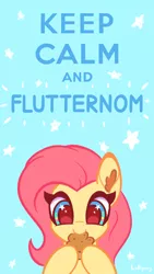 Size: 1080x1920 | Tagged: safe, alternate version, artist:lollipony, derpibooru import, fluttershy, pony, blue background, bust, cute, ear fluff, eating, female, food, image, jpeg, keep calm and carry on, mare, muffin, nom, portrait, shyabetes, simple background, solo, starry eyes, stars, wingding eyes