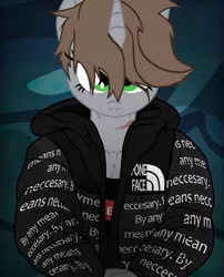 Size: 1746x2160 | Tagged: safe, artist:aaronmk, derpibooru import, oc, oc:littlepip, anthro, pony, unicorn, fallout equestria, abstract background, drip, female, glare, hypebeast jacket, image, looking at you, mare, png, scar, solo, vector