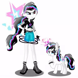 Size: 1080x1080 | Tagged: safe, artist:rxndxm.artist, derpibooru import, oc, oc:shooting star, unofficial characters only, pony, unicorn, equestria girls, belly button, bracelet, clothes, ear piercing, glowing horn, horn, image, jpeg, piercing, ponied up, self ponidox, smiling, smirk, spiked wristband, unicorn oc, wristband