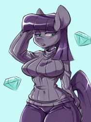 Size: 1200x1600 | Tagged: safe, artist:noupie, derpibooru import, maud pie, anthro, earth pony, arm behind head, belly button, blue background, breasts, busty maud pie, clothes, diamond, female, image, jpeg, light blue background, open mouth, pants, simple background, solo, sweater, wide hips