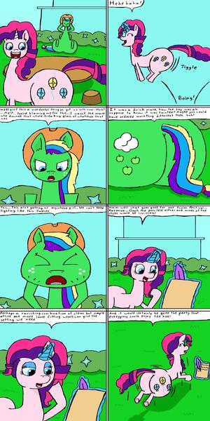 Size: 1280x2560 | Tagged: safe, artist:eternaljonathan, author:bigonionbean, derpibooru import, applejack, pinkie pie, rainbow dash, rarity, oc, oc:party fashion, oc:streaking sour apple, earth pony, pegasus, pony, unicorn, comic:super party fusion, butt, canterlot, canterlot castle, clipboard, comic, commissioner:bigonionbean, cutie mark, dialogue, female, flank, fusion, fusion:party fashion, fusion:streaking sour apple, huge butt, image, jiggle, jpeg, large butt, magic, mare, plot, potion, quill pen, thicc ass, wings