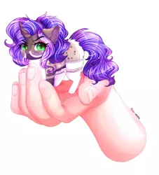 Size: 2584x2848 | Tagged: safe, artist:1fresita, derpibooru import, oc, human, pony, unicorn, chibi, clothes, disembodied hand, female, hand, image, in goliath's palm, mare, micro, png, socks, solo focus, tiny, tiny ponies