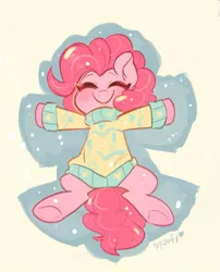 Size: 807x997 | Tagged: safe, artist:colorfulcolor233, derpibooru import, pinkie pie, earth pony, pony, clothes, cute, diapinkes, ear fluff, eyes closed, female, image, jpeg, lying down, mare, on back, precious, smiling, snow, snow angel, solo, sweater, weapons-grade cute, winter