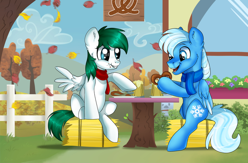 Size: 2757x1808 | Tagged: safe, artist:ali-selle, derpibooru import, oc, oc:bluebreeze, oc:zephyr, pegasus, pony, clothes, commission, enjoying, fence, food, friendship, happy, hay bale, illustration, image, jpeg, leaves, pretzel, scarf, sitting, tree