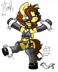 Size: 663x826 | Tagged: safe, artist:nhl-changelingpony, derpibooru import, oc, oc:billy rose, unofficial characters only, pegasus, pony, semi-anthro, ballgag, bondage, clothes, cuffs (clothes), derp, female, fishnets, gag, image, jpeg, mare, pegasus oc, signature, simple background, solo, white background, wings