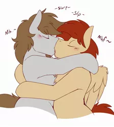 Size: 2094x2336 | Tagged: safe, artist:denzel, derpibooru import, oc, oc:denzel, oc:flair, unofficial characters only, earth pony, pegasus, pony, blushing, chest fluff, drool, eyebrows visible through hair, eyes closed, folded wings, french kiss, gay, high res, hug, image, jpeg, kissing, male, moaning, simple background, stallion, white background, wings