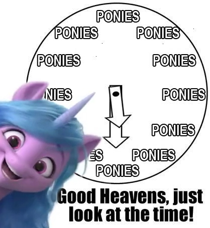 Size: 418x455 | Tagged: safe, derpibooru import, izzy moonbow, pony, unicorn, caption, clock, female, g5, image, image macro, jpeg, just look at the time, looking at you, mare, meme, open mouth, pony time, reaction image, smiling, solo, text, time for ponies