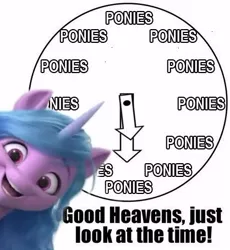 Size: 418x455 | Tagged: safe, derpibooru import, izzy moonbow, pony, unicorn, caption, clock, female, g5, image, image macro, jpeg, just look at the time, looking at you, mare, meme, open mouth, pony time, reaction image, smiling, solo, text, time for ponies