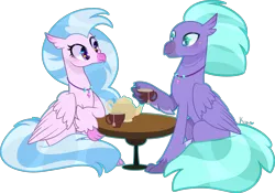 Size: 4973x3490 | Tagged: safe, artist:kurosawakuro, derpibooru import, seaspray, silverstream, classical hippogriff, hippogriff, pony, absurd resolution, image, jewelry, necklace, older, older silverstream, png, simple background, table, teapot, transparent background